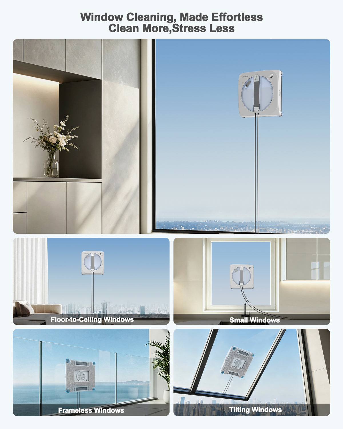 WISEBOT Window Cleaning Robot with AI Navigation, Triple Spray, Square Edge,6 Spray Nozzles, 200 ml Water Tank, 4 Cleaning Modes, 8,000 Pa Suction Power, App & Remote Control