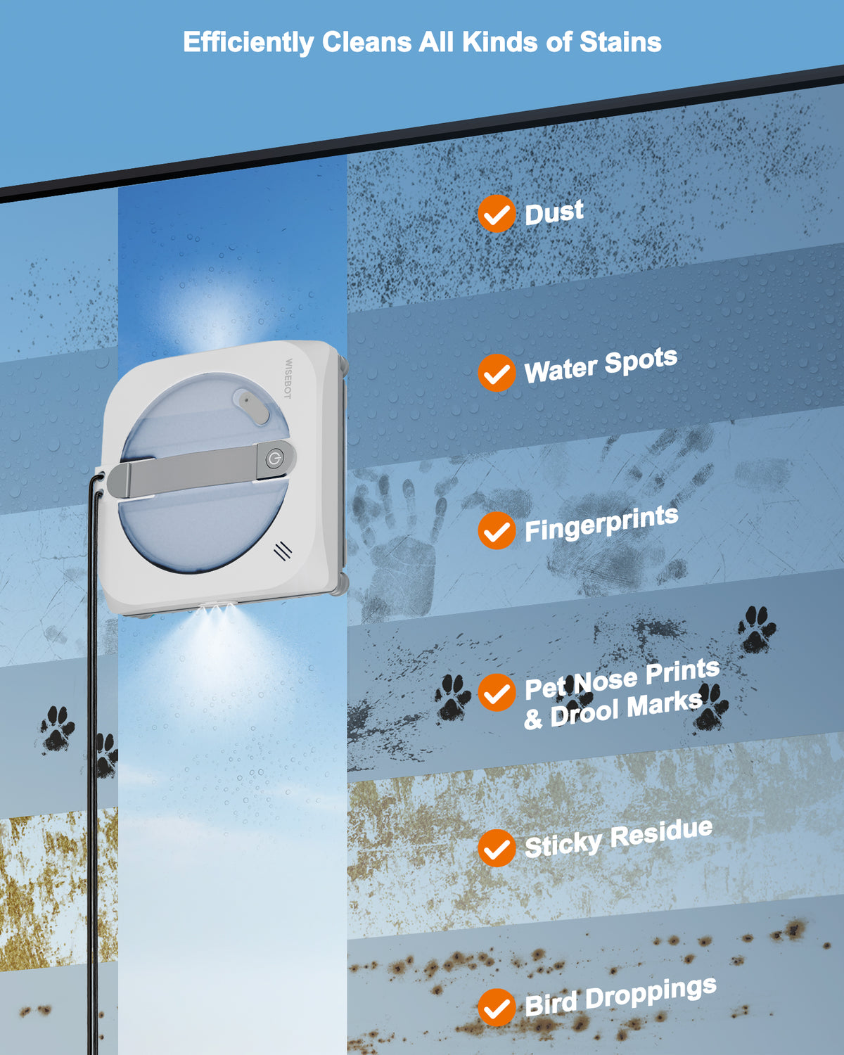 WISEBOT Window Cleaning Robot with AI Navigation, Triple Spray, Square Edge,6 Spray Nozzles, 200 ml Water Tank, 4 Cleaning Modes, 8,000 Pa Suction Power, App & Remote Control